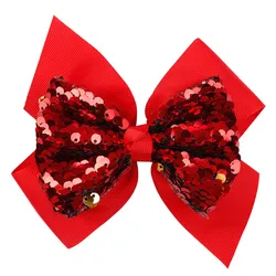 ncmama 5 inch Hair Bow Valentine's Day Reversible Sequin Hairclip Solid Ribbon Bows Kids Hair Clips Hairpins Hair Accessories