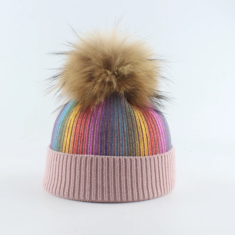 Bonnet fille multicolore avec pompon