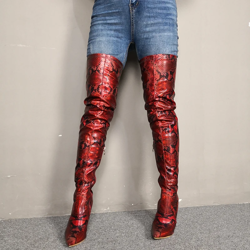 Оригинальное предназначение, сексуальные красные высокие сапоги до бедра из змеиной кожи, женские сапоги выше колена с острым носком на высоком тонком каблуке размера плюс 4-15