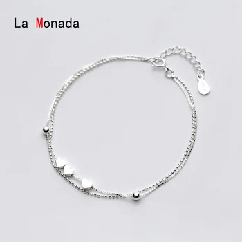 

La Monada Minimalist Silver Three Heart Charm Bead Box Chain Double Layer Bracelets For Women 925 Sterling Silver Woman Bracelet