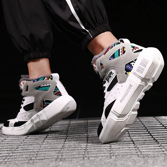 US $15.92 ERNESTNM High Top Sneakers Warm Winter Plush Women Shoes Graffiti Platform Sneakers White Lover Sho