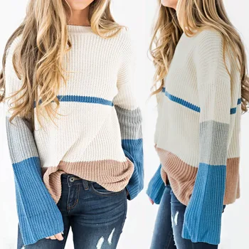 

Autumn New Fashion Women's Multicolor Patchwork Flare Sleeve O-Neck Pullovers Knitted Sweaters Free Ship кофта женская Z4