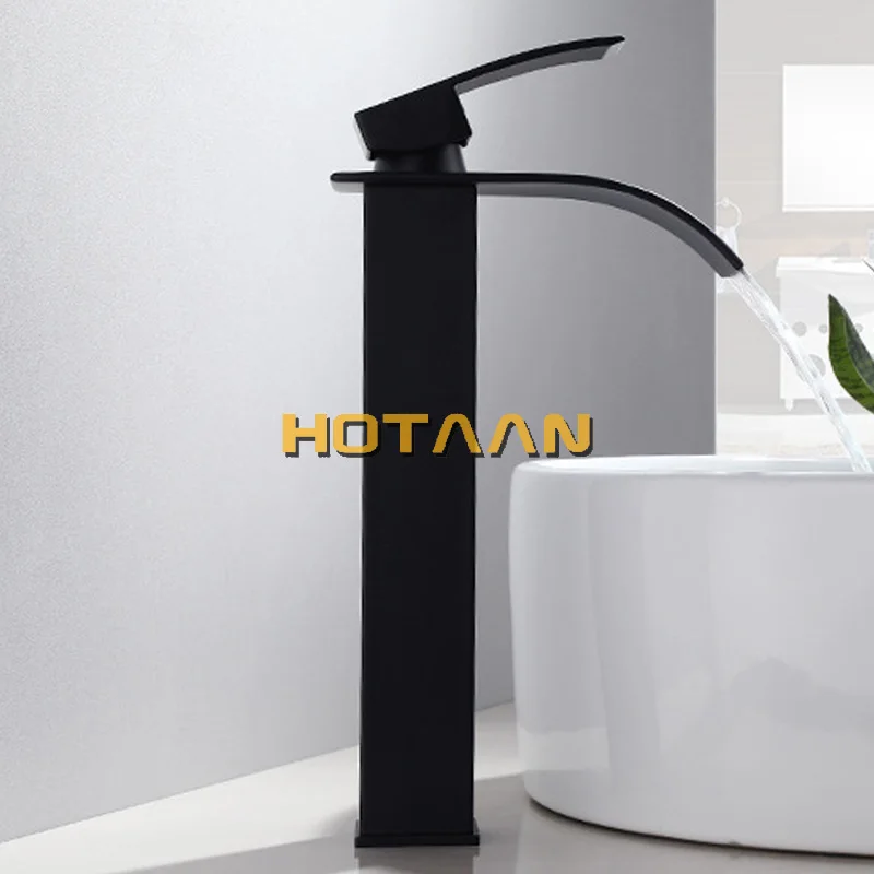 Waterfall Brass Basin Faucet Deck Mounted Single Lever Single Hole Cold&Hot Bathroom Mixer Black Plated