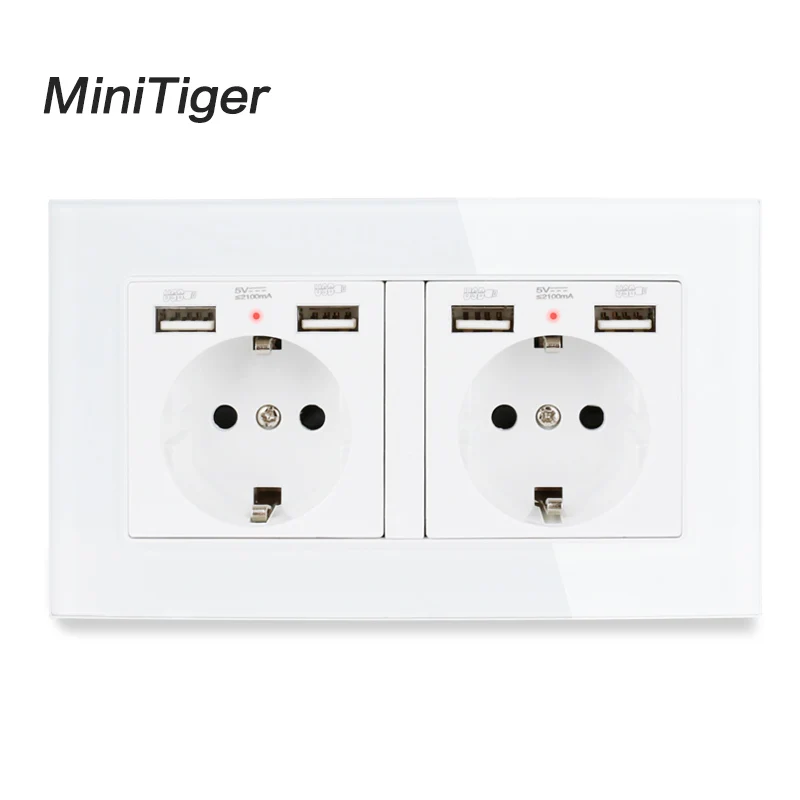 Minitiger 2 Gang Russia Spain EU Standard Wall Socket With 4 USB Charge Port Hidden Soft LED Indicator Crystal Glass Panel