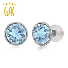 GemStoneKing Настоящее 14 к белое золото хорошее ювелирное изделие 1,50 карат Круглый 6 мм натуральный Небесно Голубой Аквамарин женские серьги гвоздики