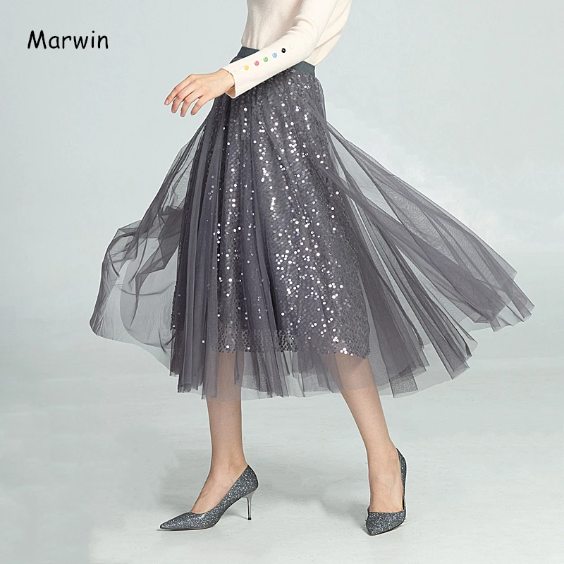 Marwin, новинка, Осень-зима, высокая уличная, европейский стиль, женские юбки, высокое эластичное качество, с блестками, рождественские женские юбки