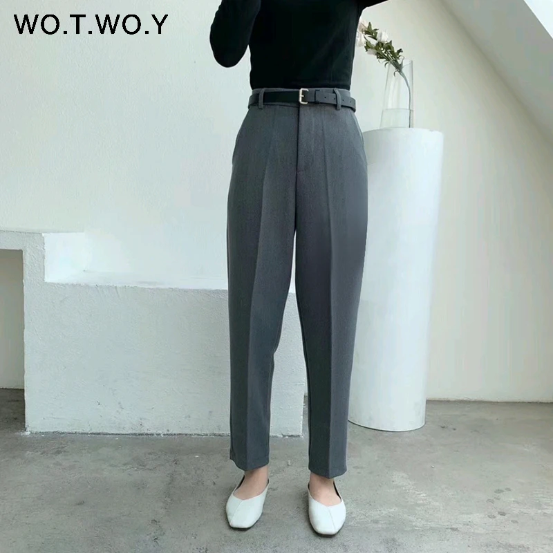 WOTWOY Формальные прямые женские брюки с высокой талией 2019 свободные карманы поясом
