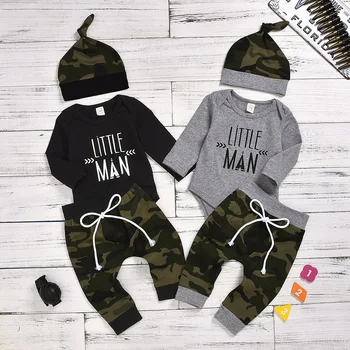 

Autumn Toddler Baby boys clothes Infant Boys Letter Romper + Camouflage Pants + hat Newborn Baby girl Outfits Set