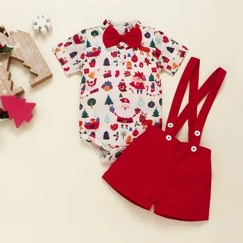 

Baby Boy Christmas Two Pieces Sets Bow Tie Gentleman Printed Bodysuit Suspender Shorts