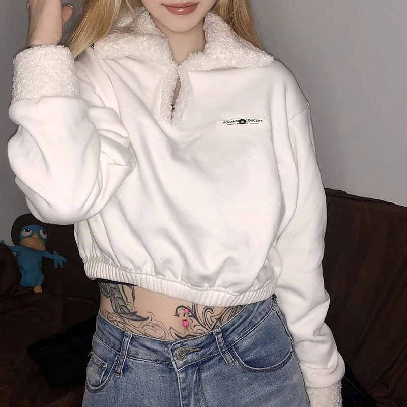

women's pullover Autumn and winter solid color loose fashion zipper plush lapel long-sleeved warm tops