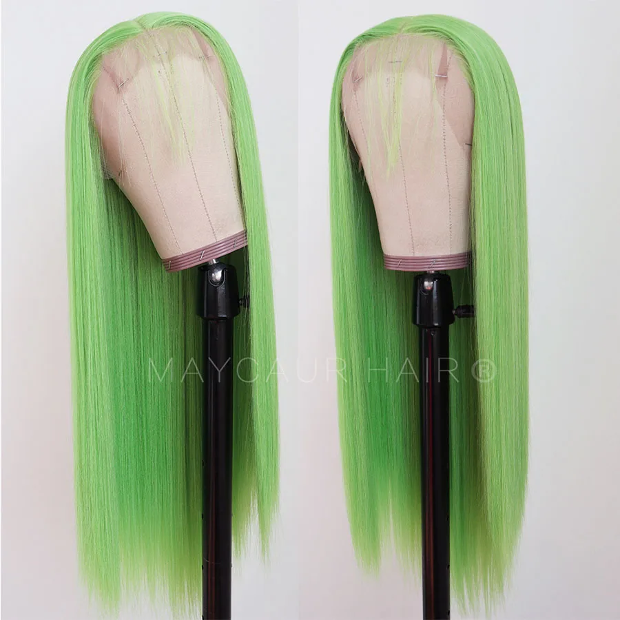 Maycaur Lace Front Wigs Long Straight Hair 22 Inch Lime Green Color Wigs for Fahison Women Synthetic Lace Front Wig (3)
