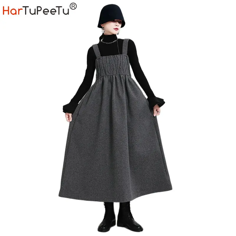

Women Woolen Slip Dress Midi 2022 Autumn Winter Big Pleated Hem Pockets Loose Basic Sleeveless Black Gray Thick Warm Vestido