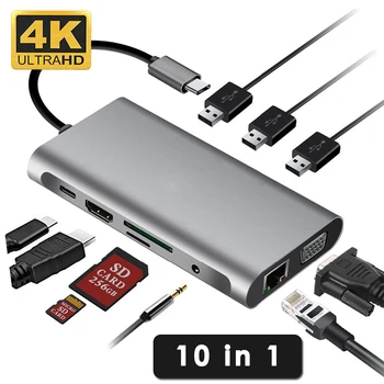 

10 in 1 Type-C To HDMI 1080P 4K VGA Hub Adapter RJ45 Gigabit Ethernet TF SD USB 3.0 TypeC 3.5mm Jack Audio Video for MacBook Pro