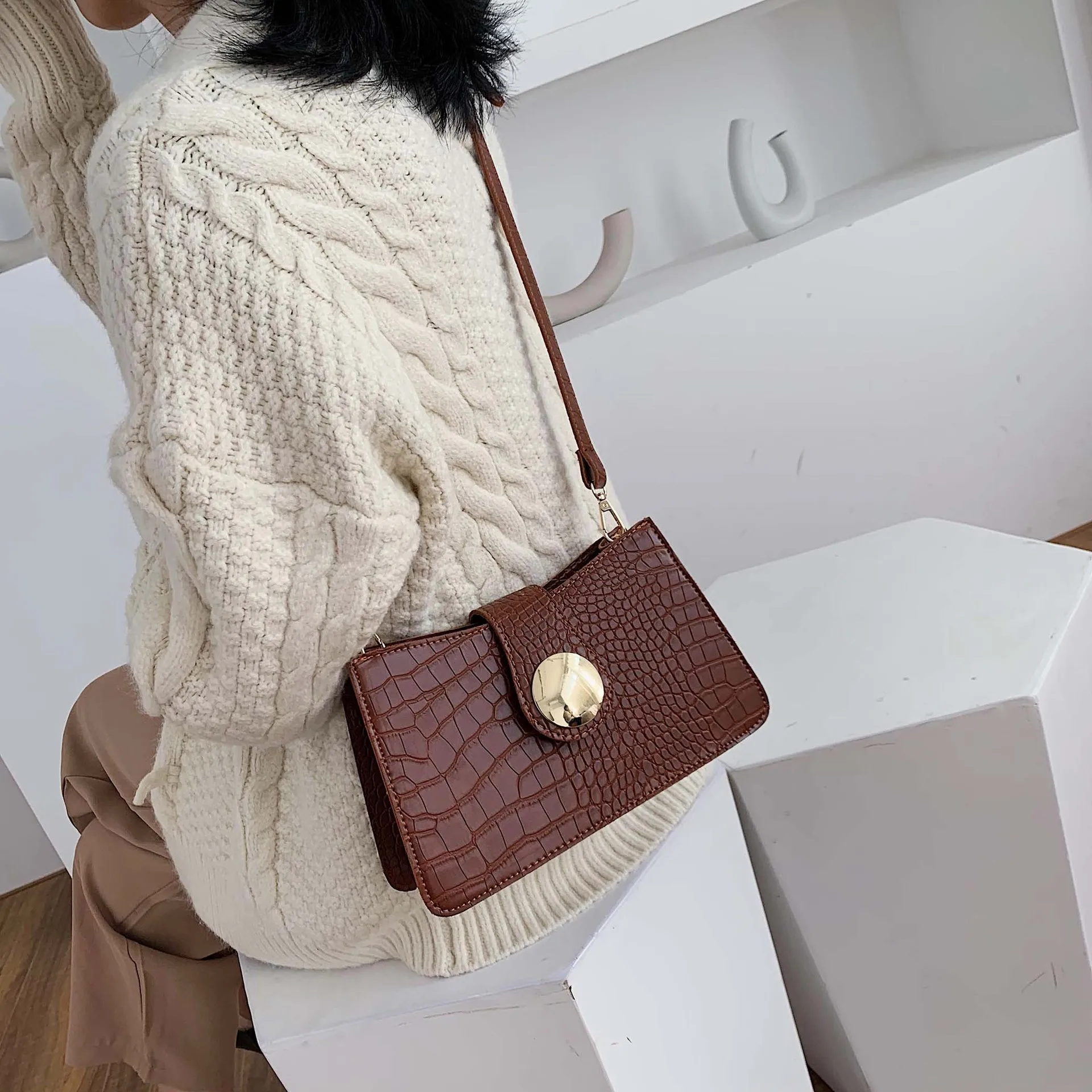 

France Non-mainstream Bag Western Style WOMEN'S Bag 2019 Winter New Style Fashion Korean-style Versatile Stone Pattern Crossbody