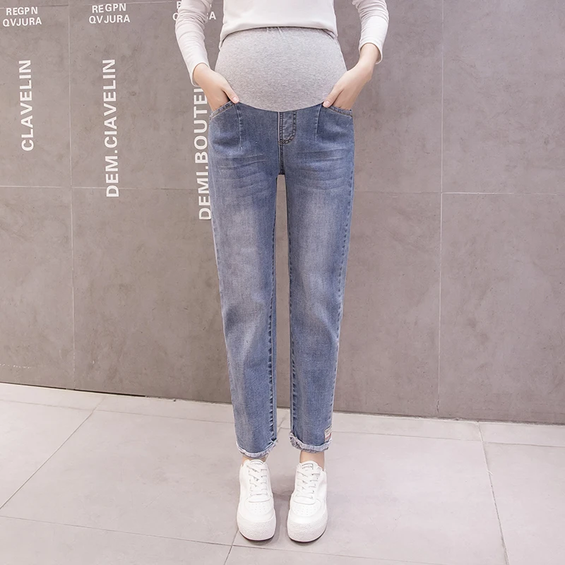 

1076# 9/10 Washed Denim Maternity Jeans Straight Loose Harem Pants Clothes for Pregnant Women Autumn Pregnancy Belly Trousers
