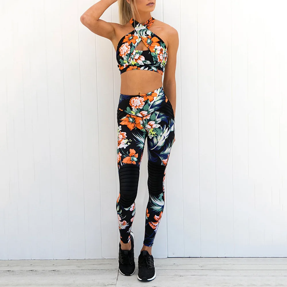 

Summer Spring Women Floral Two Piece Sets Youthful Sleeveless Vest Pencil Pants Sports Suits Yoga Suits Women Workout Suits