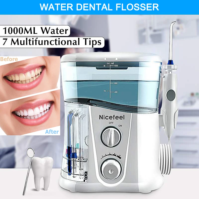 Nicefeel-irrigador Dental eléctrico, limpiador Dental eléctrico de 1000ml con presión ajustable y chorro de 7 Uds. ► Foto 2/6