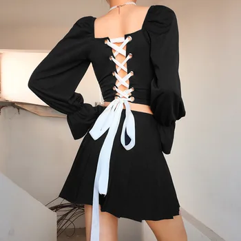 

New Vintage Black Women T-shirts Long Sleeve T-Shirt Strap with Hollow Gothic Girl Tops Shirt Square Collar Pleated Tops Clothes