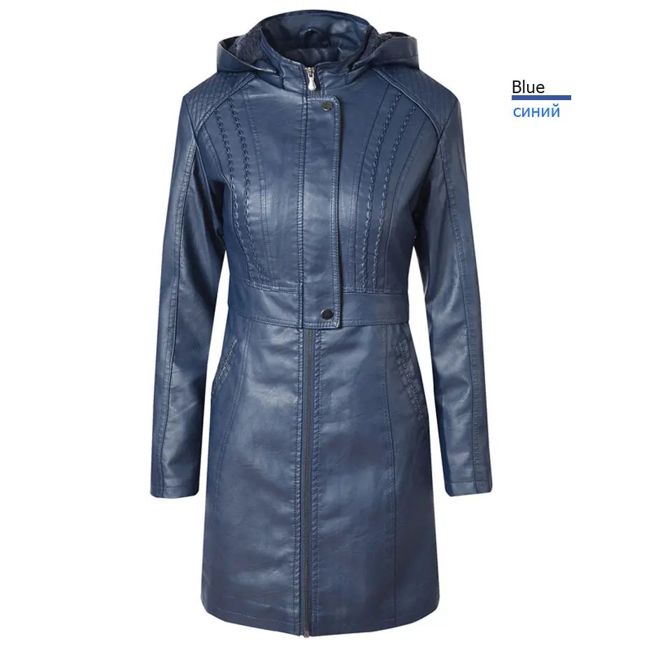 Hoodie Thick Fleece Long Leather Jacket Women's Winter Coat Warm Moto Outwear jaquetas couro veste cuir femme chaqueta mujer