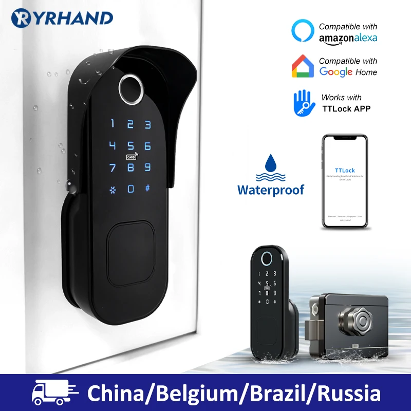 No Wiring Waterproof Wifi Fingerprint Rim Lock Smart Card Digital Code Electronic Door Lock For Home Security Mortise Lock