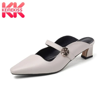 

KemeKiss New Women Sandals Shoes Fashion Square High Heels Genuine Leather Slippers Shoes Women Metal Design Footwear Size 33-42