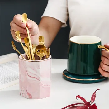 

Marble Grain Storage Jar Dry Flower Golden Rim Ceramic Vase Nordic Makeup Brush Jars Home Tableware Office Pen Holder
