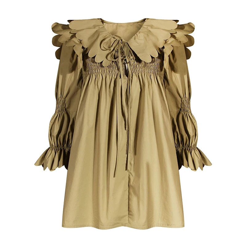 TWOTWINSTYLE Casual Women Two Piece Set Lapel Collar Lace Up Flare Long Sleeve Top High Waist Wide Leg Short Loose Suits Female