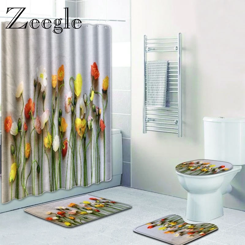Zeegle Bath Mat Set and Waterproof Shower Curtain Anti-slip Pedestal Rug Toilet U Type Mat Lid Toilet Cover Rug 4pcs Toilet Set