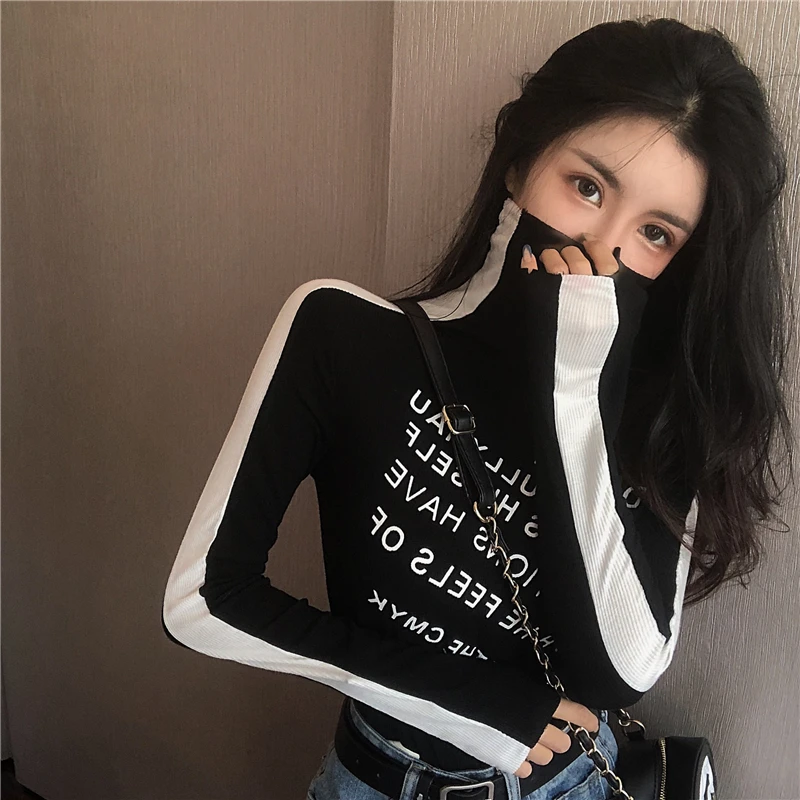 Camiseta mujer осень зима Корейская одежда vogue водолазка с буквенным принтом Топ с длинным рукавом Базовая Женская Футболка женская