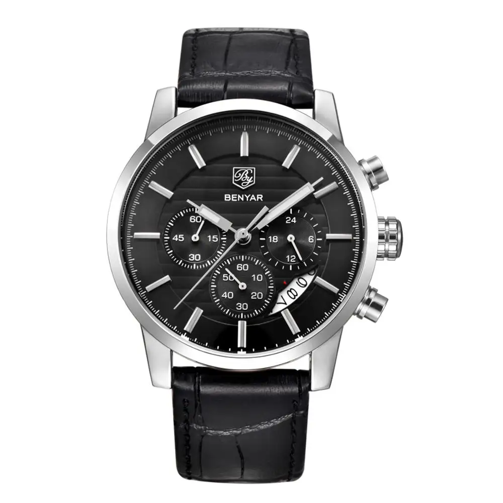 Black Reloj Hombre BENYAR 43 мм модные спортивные мужские часы с хронографом лучший бренд класса люкс военные кварцевые часы Relogio Masculino - Цвет: Black