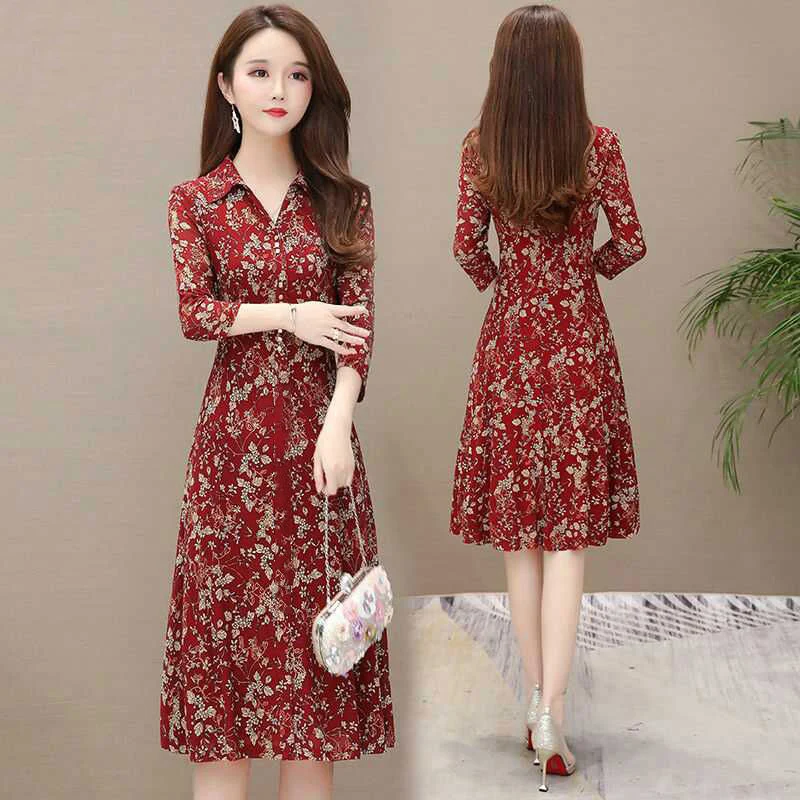 

Summer Chiffon Dress Womens Vintage Floral Dress Turn-Down Collar Single Breast Slim A-Line Knee-Length Short Sleeve Shirt Dress