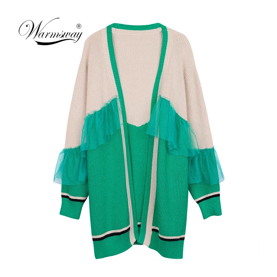 

Patchwork Hit Colors Thick Knitting Winter Cardigan Female Long Sleeve Ruffle Sweater Women Fashion Jumper C-490