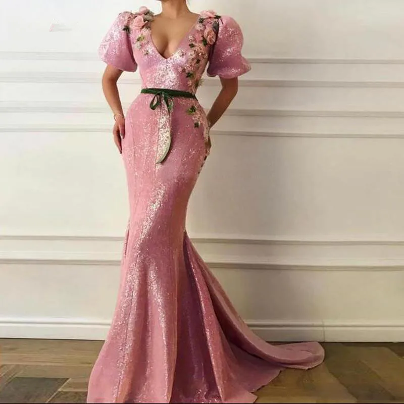 Dubai-Arabic-Mermaid-Prom-Dresses-2019-Short-Sleeves-Handmade-Flowers-Appliques-Robe-de-soiree-Long-Evening