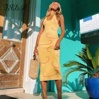 Knitted Bodycon Dress WoHalter Neck Summer Yellow Sleeveless Midi Backless Party Sexy Dresses Beach