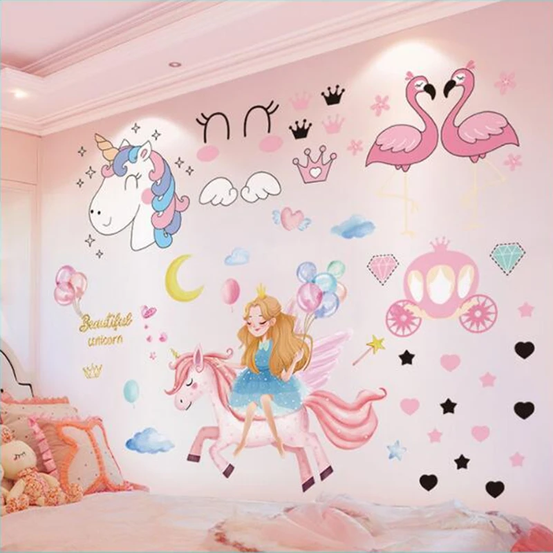 

[SHIJUEHEZI] Cartoon Girl Wall Stickers DIY Unicorn Animal Wall Decals for Kids Bedroom Baby Room Nursery Home Decoration