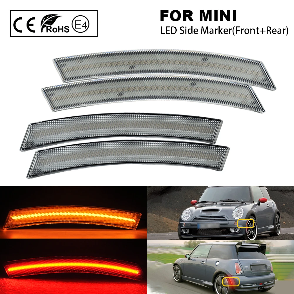 4X Front+Rear LED side marker light Clear lens Amber/Red US Version For Mini Cooper R50 R52 R53