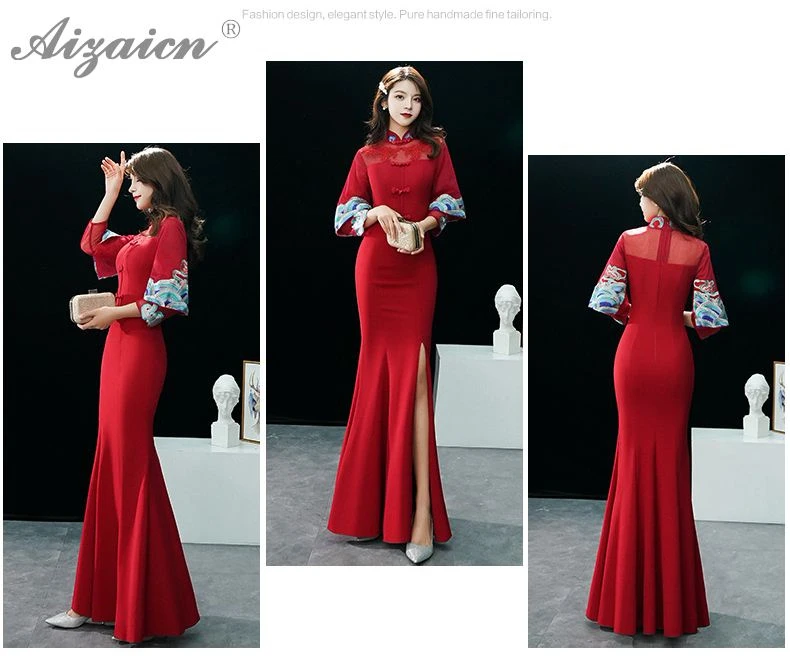 Оригинальное Ретро длинное Cheongsam красное свадебное винтажное платье Qi Pao женское традиционное китайское вечернее китайское платье-Ципао платье русалки
