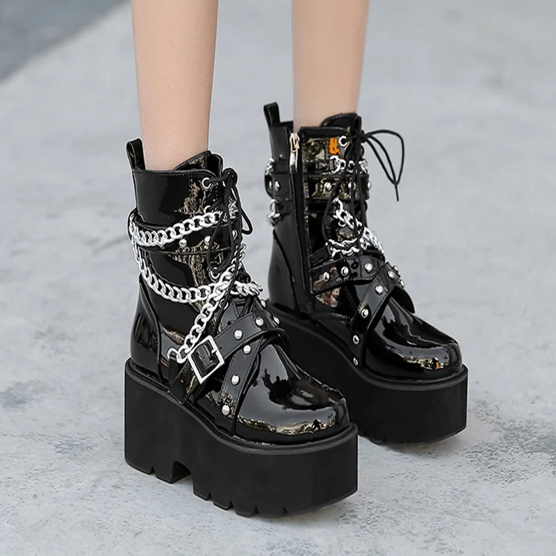 Deonias-Botas de plataforma de tacón cuadrado para mujer, zapatos de tacón alto, de banda gótica, color negro, para Primavera e Invierno