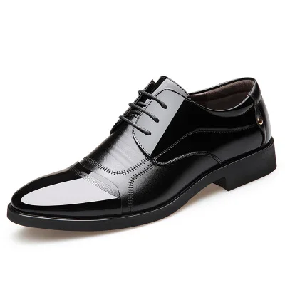 Мужские модельные туфли на высоком каблуке 6 см, строгие кожаные туфли для мужчин, брендовые итальянские свадебные мужские туфли, модные оксфорды на шнуровке - Цвет: Черный