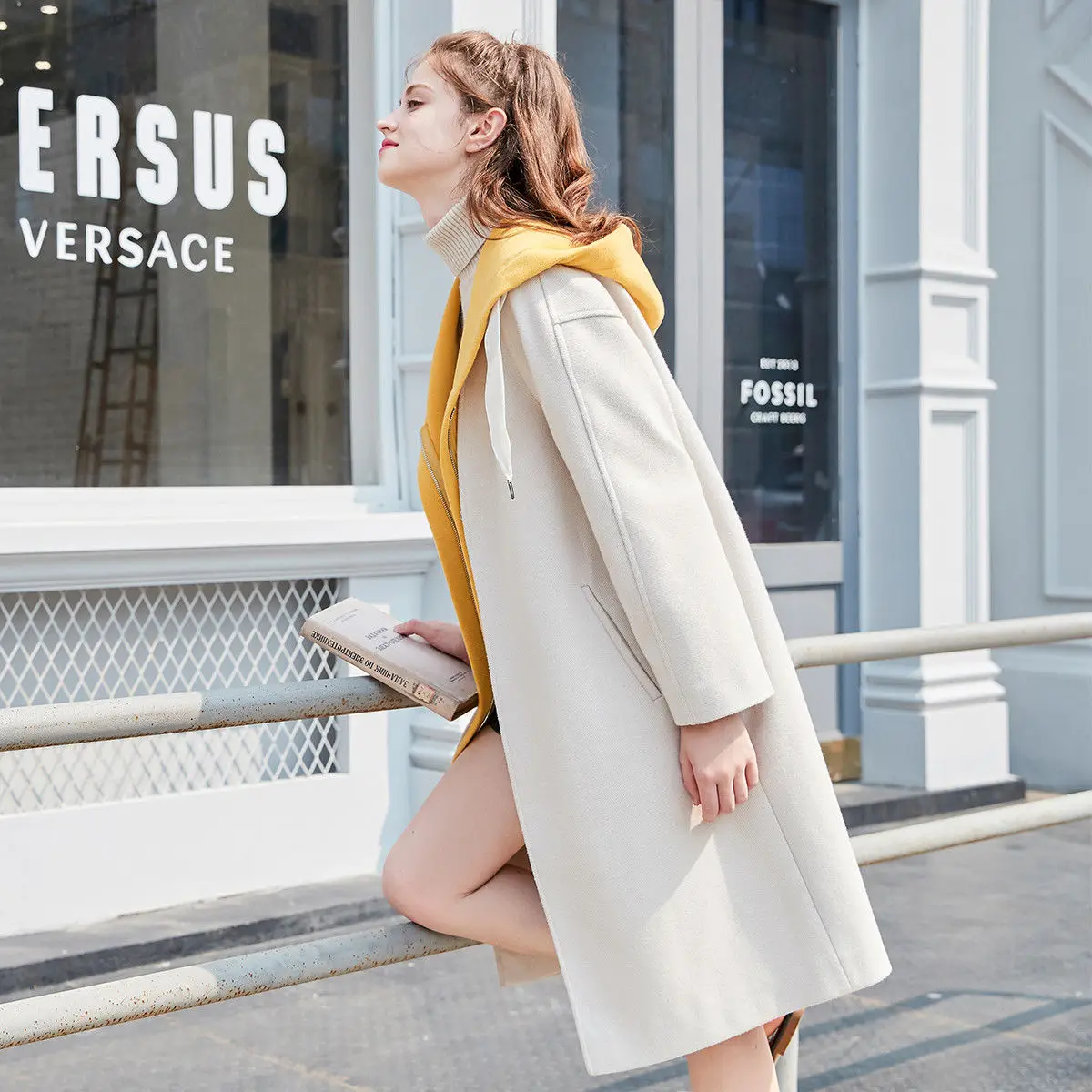 

ZLA2019 autumn and winter new hooded was thin woolen coat female mid-length stitching hit color thickened woolen coat