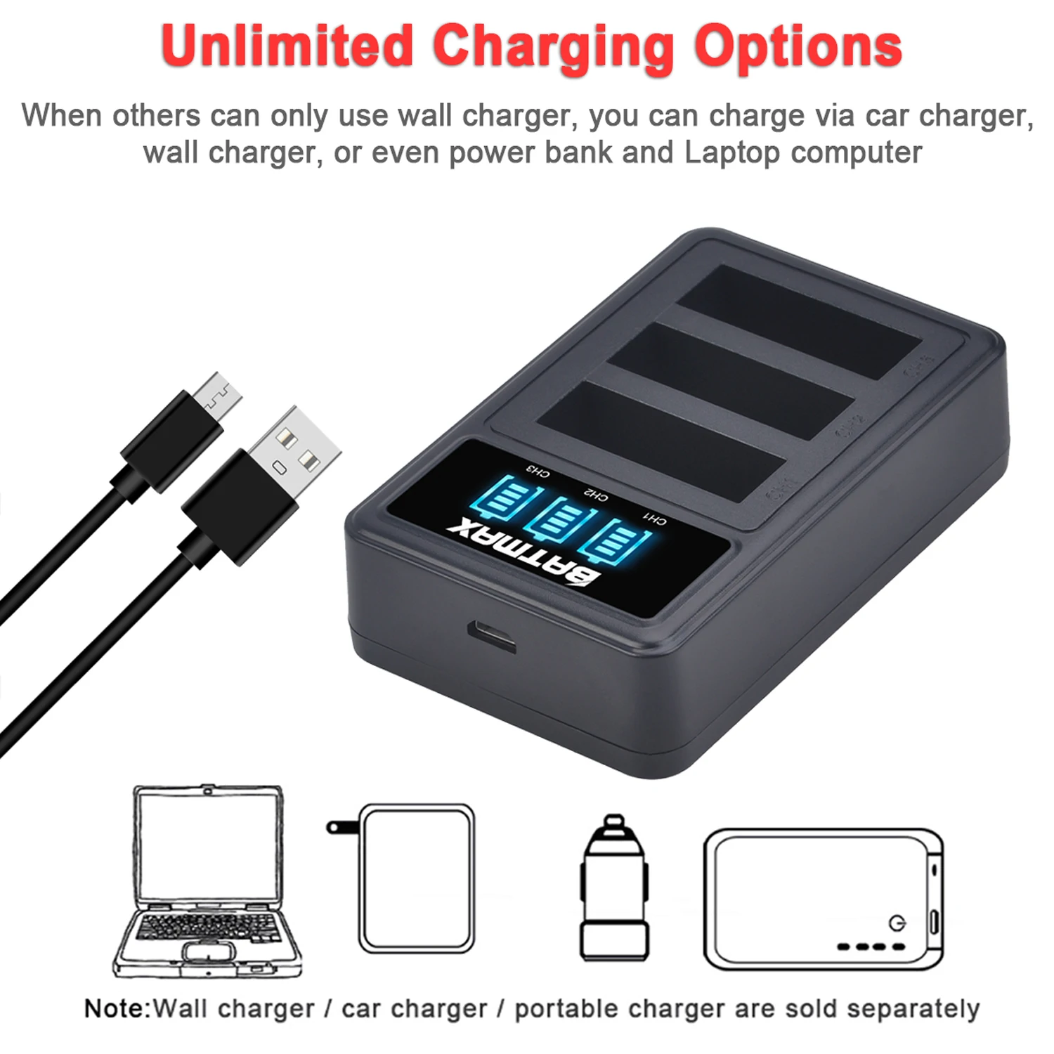 Batmax 1200mAh Insta360 One X Camera Battery IS360XB Replacement Battery + LED USB 3-Slots Charger Micro USB Charge Port rechargeable battery camera battery camera battery charger action camera battery