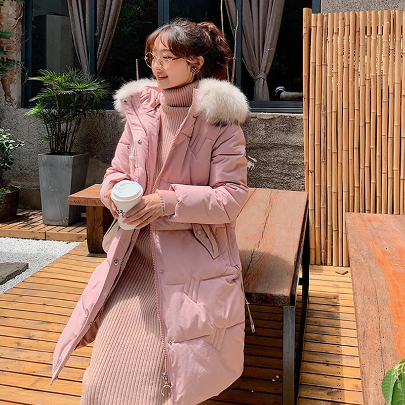 Модная женская парка новинка 2019 длинное зимнее пальто выше колена плотное с