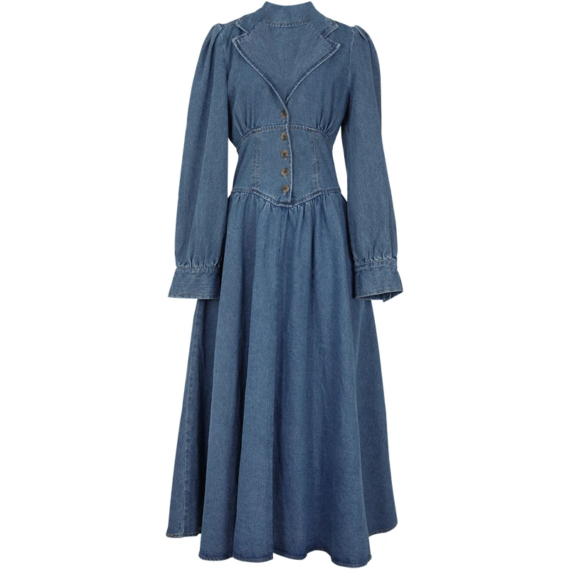 spring autumn vintage puff sleeve denim dress women v-neck high waist slim big swing long a-line dress