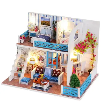 

Kuulee Dollhouse Miniature DIY House Kit Wood Cute Room with LED Furniture and Cover Girl Gift Toy Villa Model