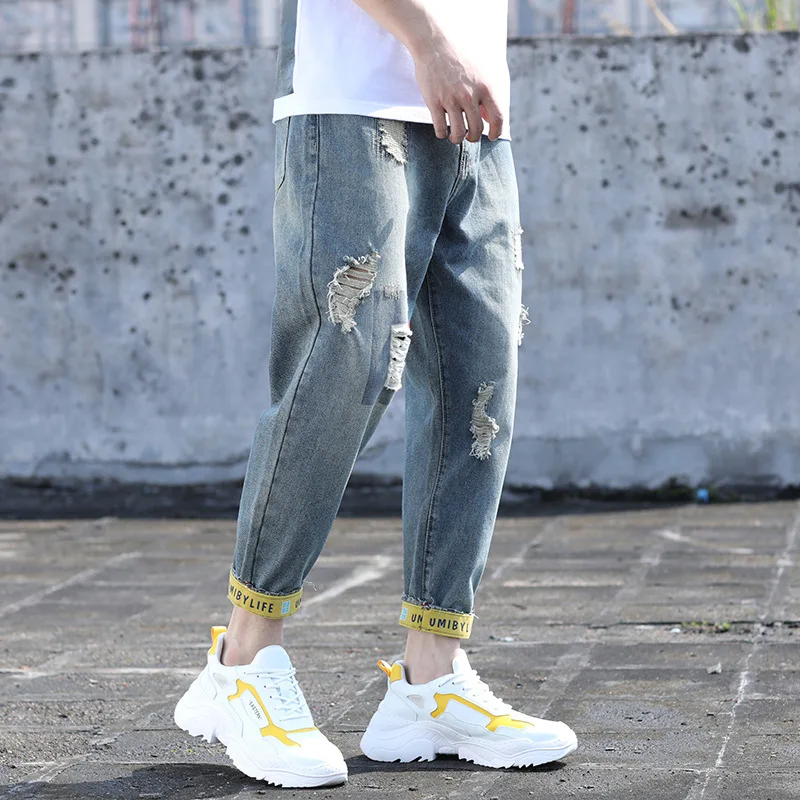 Pantalon Mezclilla Hombre ковбойский стиль отверстие корейский девять очков плюс размер Masculino Erkek Kot повседневные мешковатые джинсы мужские Baju