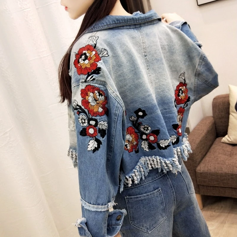 Lente Size Plus Herfst Mode Streetwear Denim Jacketvintage Stijl Bloemen Borduren Gerafelde Denim Jasje Vrouwen Jean Jas Lente Size Plus Herfst Mode Streetwear Denim Jacketvintage Stijl Bloemen Borduren Gerafelde Denim Jasje Vrouwen Jean Jas