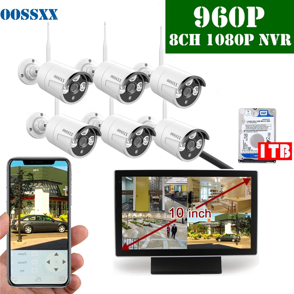 OOSSXX 8CH 1080P Wireless NVR Kit 10' Monitor Wireless CCTV 6pcs 960P Indoor Outdoor IP Camera Video Surveillance System