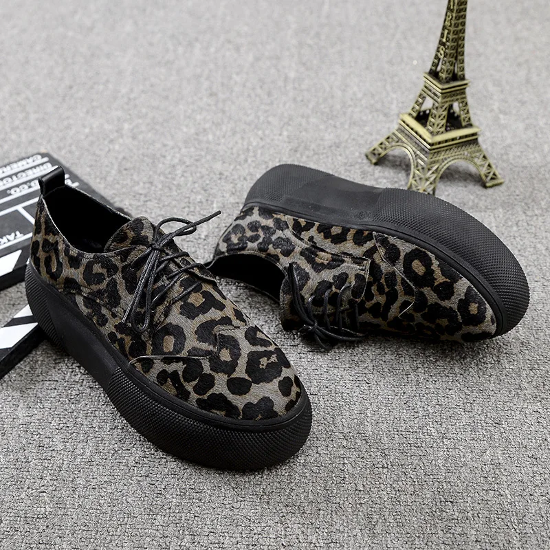 [DEAT] Round Toe Bandage Horsehair Casual Leopard Print Single Shoes Wedges Heels Shoes Women New Spring Autumn Tide 10D899