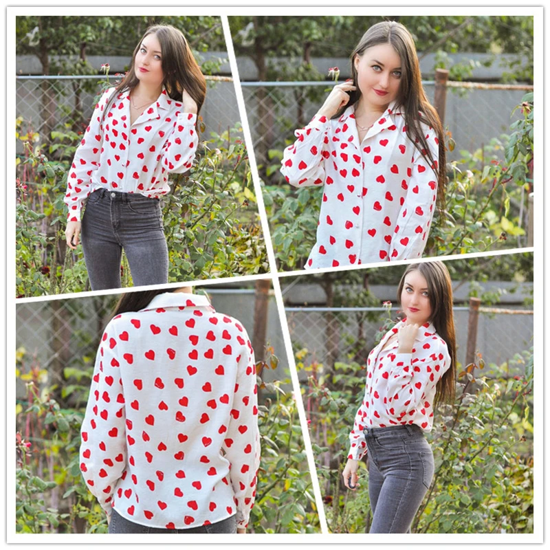 Dotfashion, повседневная желтая блузка с принтом сердца, женская рубашка, осень, на пуговицах, v-образный вырез, блузки для девушек, отделка, милый топ