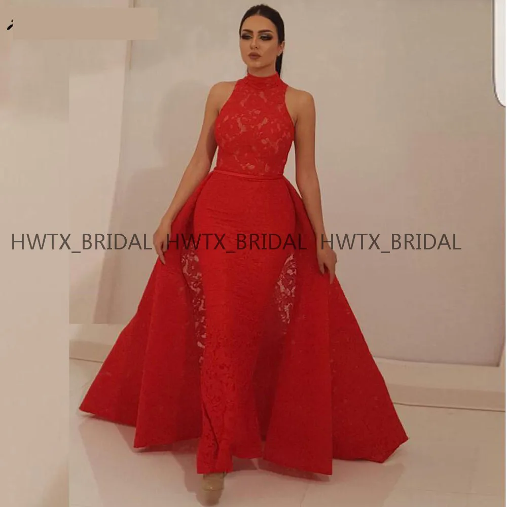 

Arabic Dubai Lace Evening Dress Detachable Train Robe de soiree High Neck Mermaid Long Formal Evening Gown 2020 Yousef Aljasmi